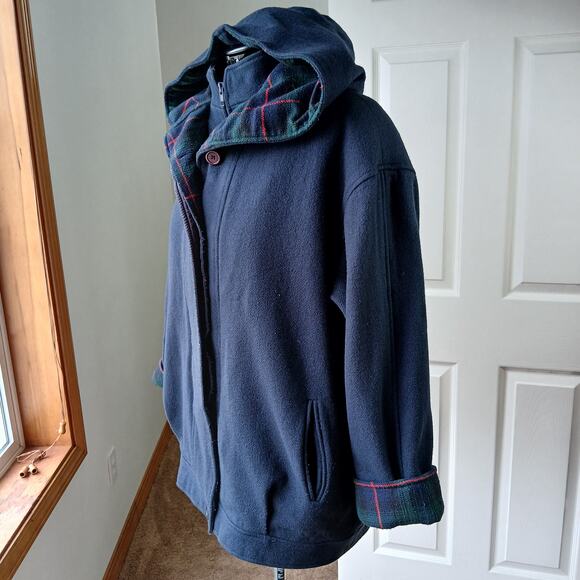 Herman Kay Wool Hooded Bib Jacket 16 Vintage 90s? warm coat navy plaid lined - Picture 5 of 13